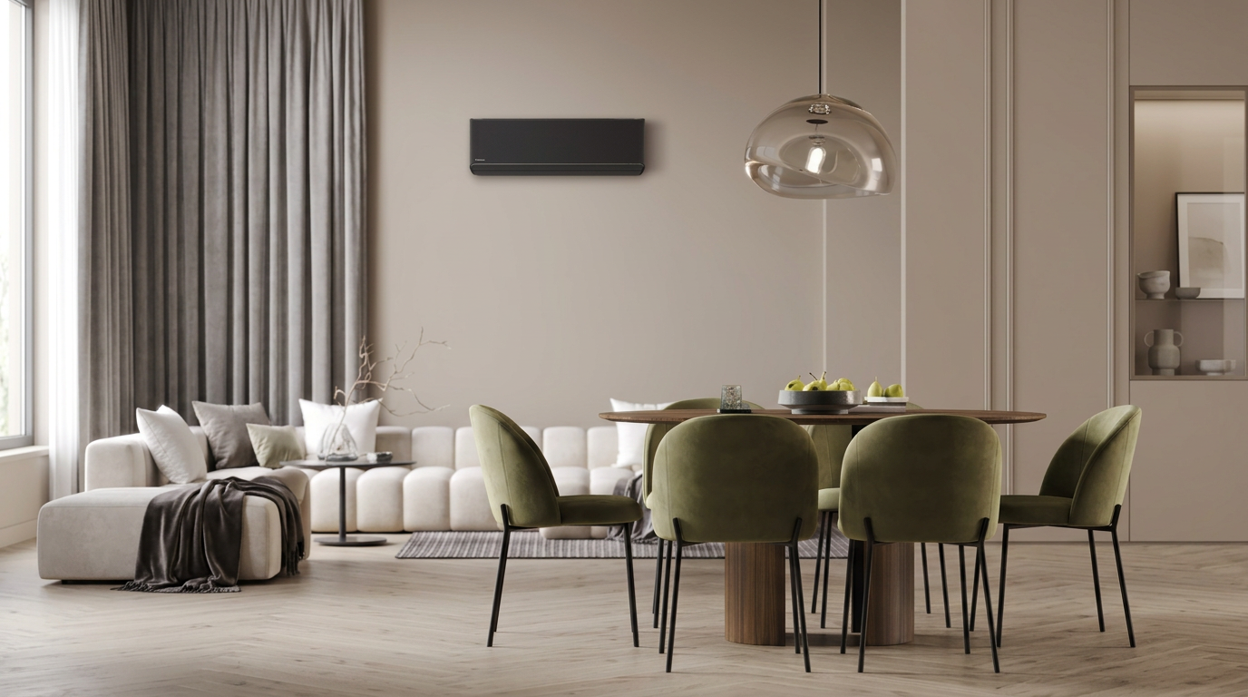 Black Panasonic wall-mounted air conditioning unit in a contemporary dining and living space